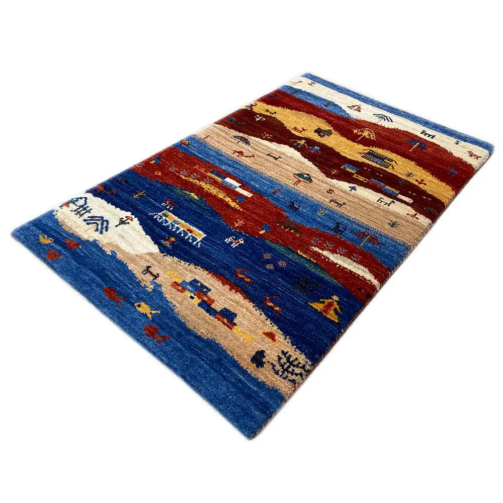 Gabbeh rug 90x59 cm, multicolored field pattern with houses and trees
