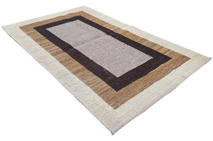 Kelim rug with a long rectangular pattern in the border, cream, dark brown and brown