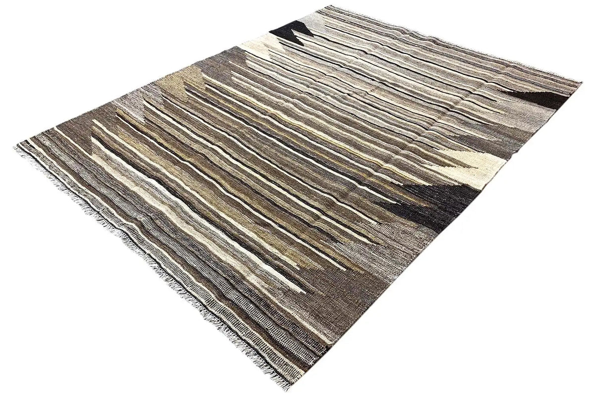Kilim rug with multicolored horizontal stripes in brown, cream, and gray
