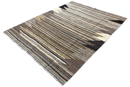 Kilim rug with multicolored horizontal stripes in brown, cream, and gray