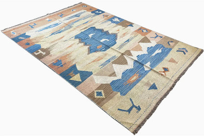 Kilim rug, diagonal, with abstract shapes in bold blues and browns