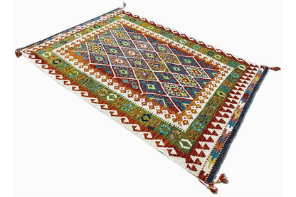 Kilim rug, colorful diamonds and ornaments, rectangular, tassels at the corners