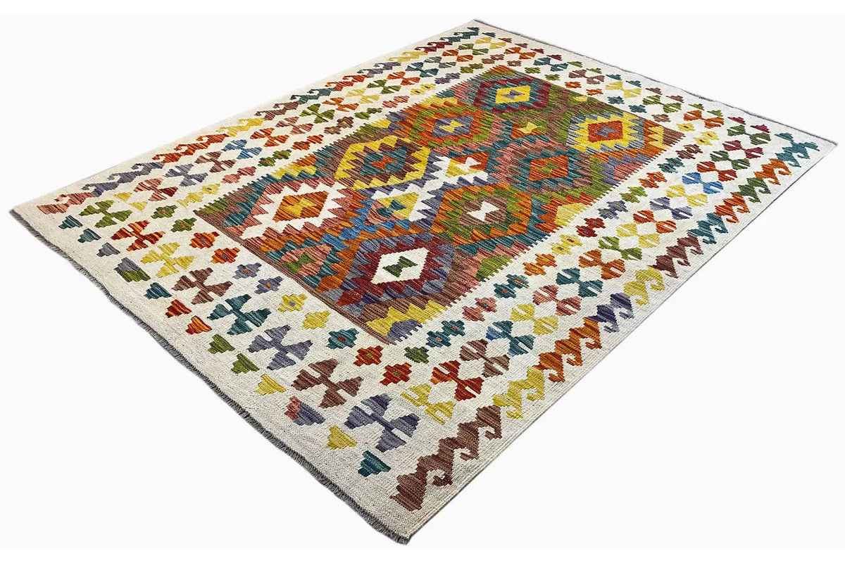 Afghan kilim with colorful diamond, triangle, and stripe patterns, rectangular