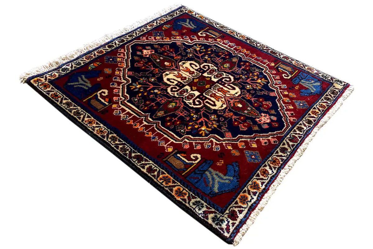Rug with borders, a red outer area, a blue medallion in the center, and fringe