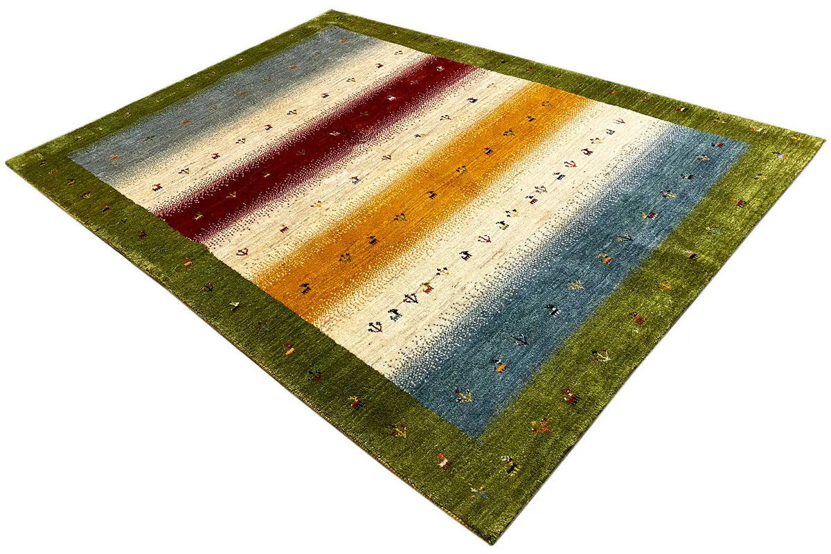 Gabbeh-Lori rug, photographed at an angle, green border and stripes in orange, blue, and red.