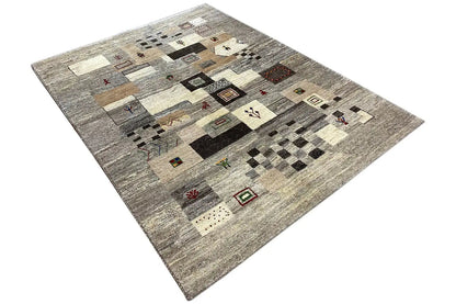Gabbeh rug 204x150 cm with checkerboard and diamond motifs, gray, beige, red accents.