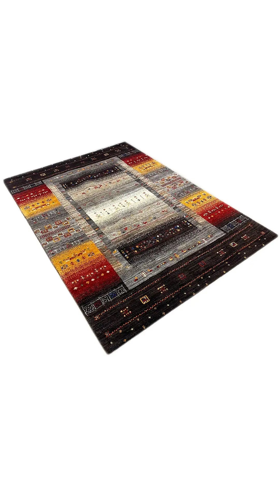 Carpet shown at an angle with broad color zones in red, yellow, and gray
