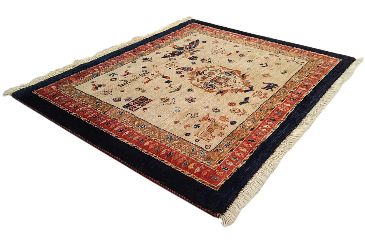 Square Oriental rug with a beige patterned field, red border, dark edging, and fringe.