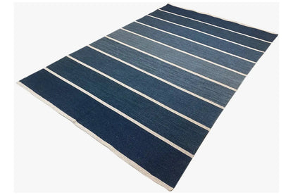 Modern kilim with horizontal lines in dark blue and beige, woven texture