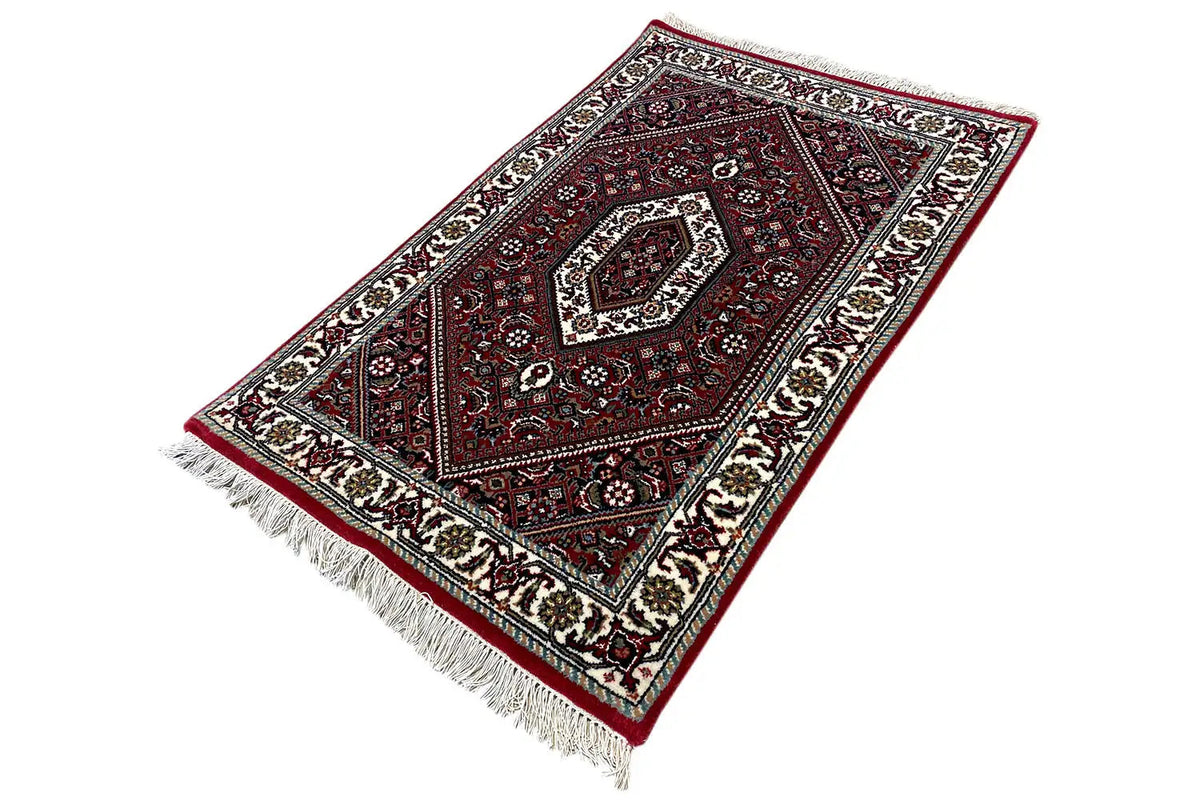 Bidjar rug 94x61 cm, angled: red ornamental pattern, light border, fringes