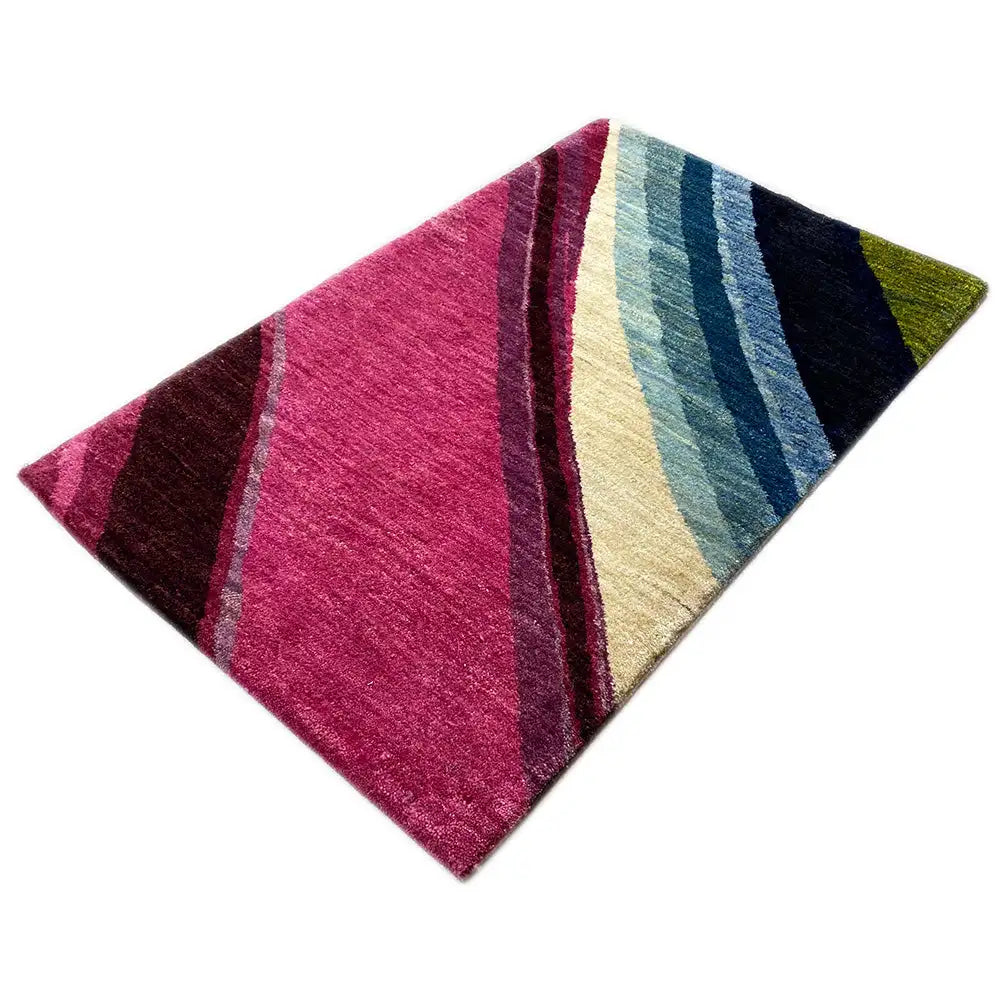 Gabbeh rug with wide diagonal stripes, pink area, view from the corner
