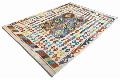 Afghan kilim rug, diagonal view with colorful diamonds and stripes along the edge