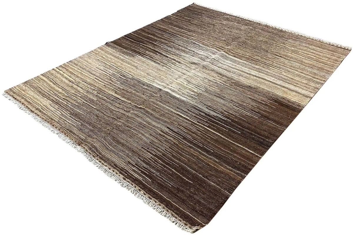 Kilim rug with continuous stripe pattern, brown and beige, fringed edges