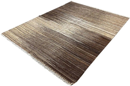 Kilim rug with continuous stripe pattern, brown and beige, fringed edges