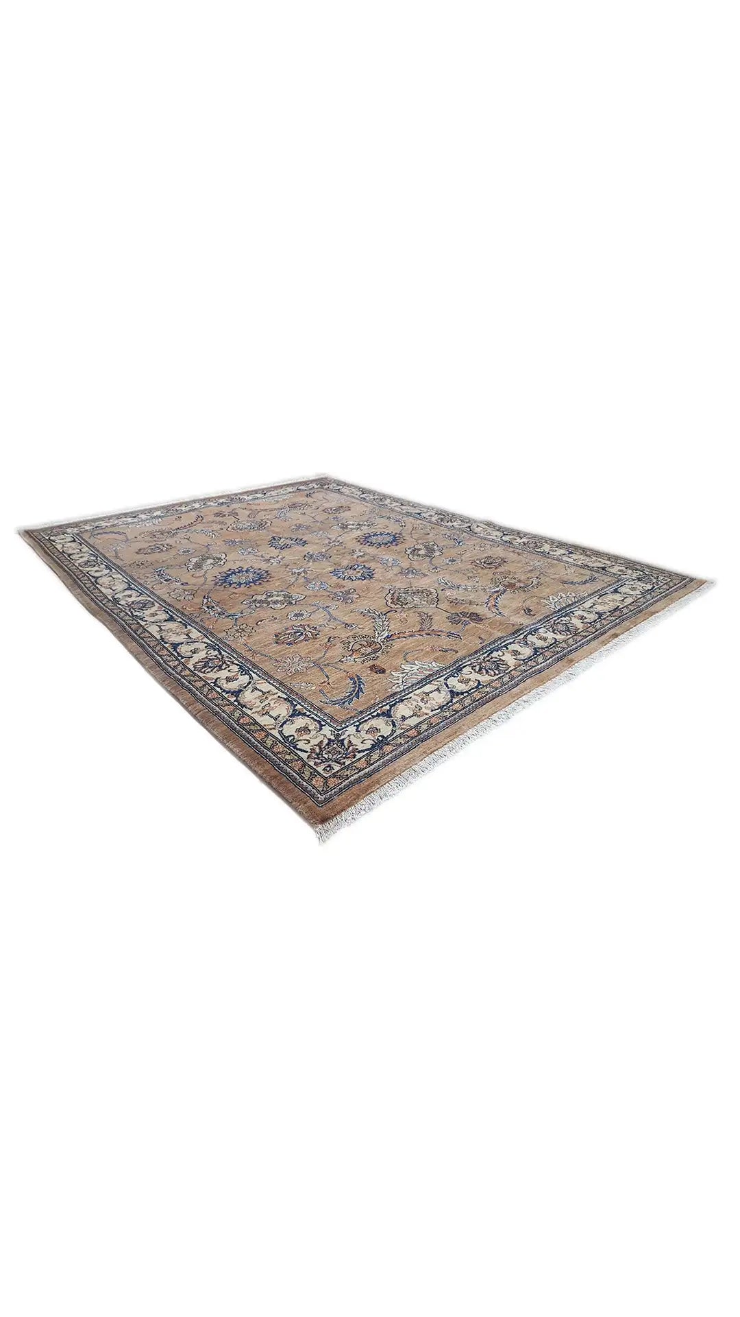 Beige rug with a blue ornamental pattern and dark border, in perspective