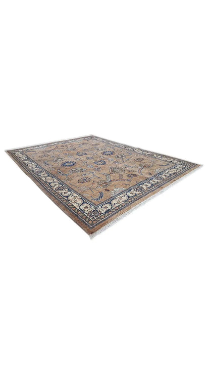 Beige rug with a blue ornamental pattern and dark border, in perspective