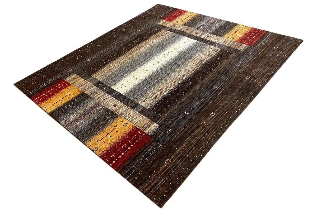 Brown Gabbeh rug with square border, striped color sections, and central band.