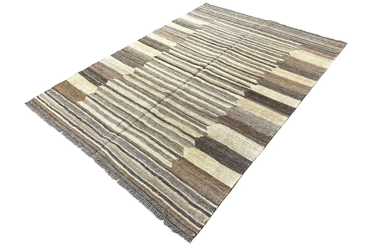 Kilim Qashqai rug, angled view, stripes in light beige, gray, and dark brown