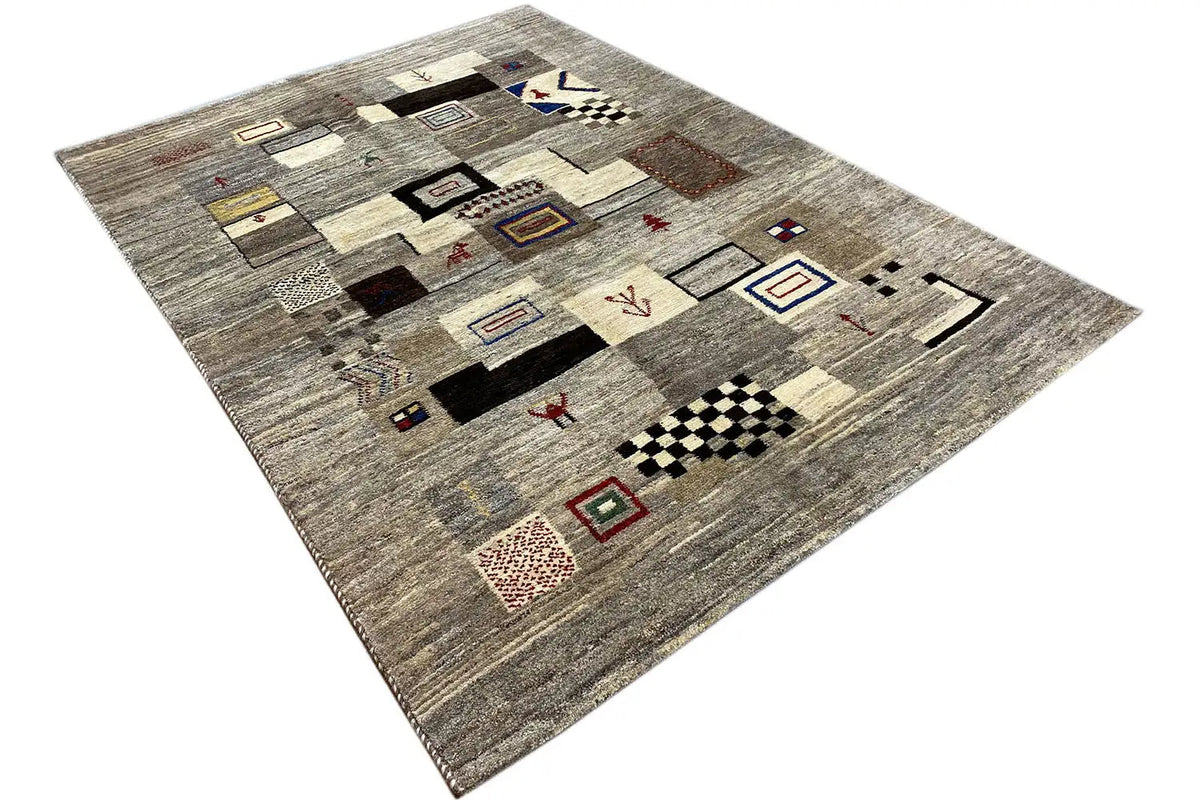 Gabbeh rug 210x150 cm, overall view from above: gray, patchwork elements in red/blue/cream