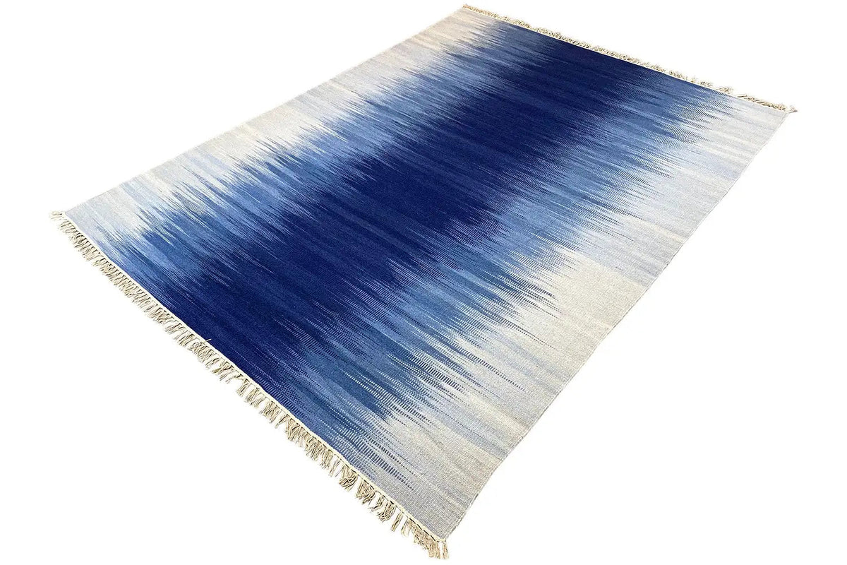 Kilim dhurrie rug with vivid blue and fringe, rectangular