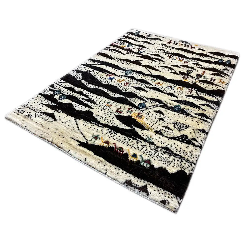 Gabbeh rug with rectangular edges, stripes in cream, black, and colorful details