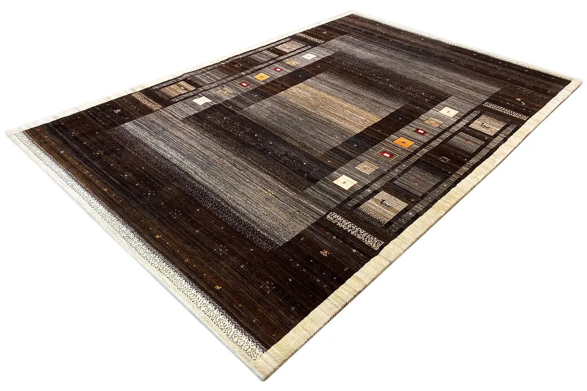 Gabbeh rug with dark brown tones, gray stripes, and multicolored detail panels