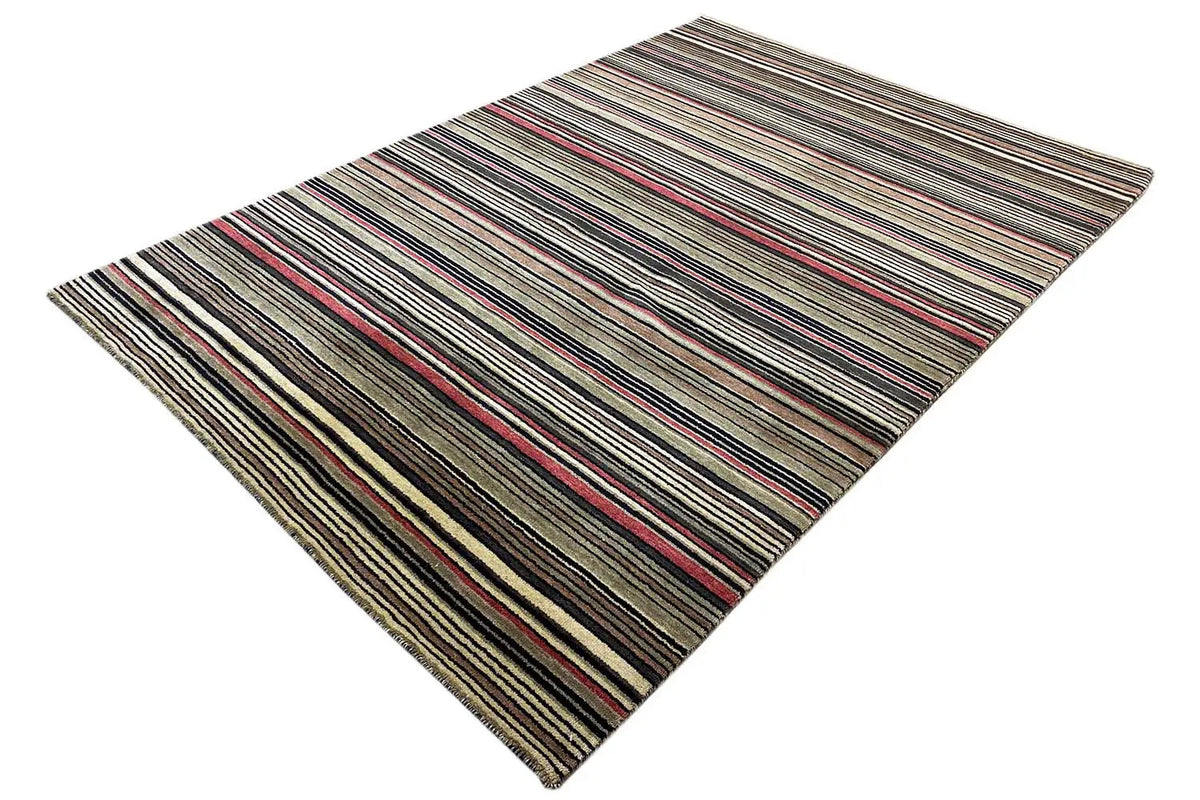 Gabbeh rug with a diagonal layout, fine horizontal stripes in gray, red, and brown