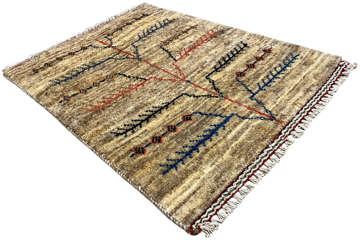 Gabbeh-Lori rug with a cross and stripe pattern, a red border, and fringes