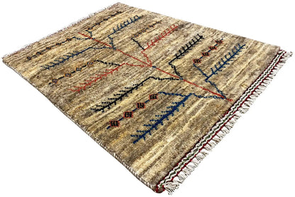 Gabbeh-Lori rug with a cross and stripe pattern, a red border, and fringes