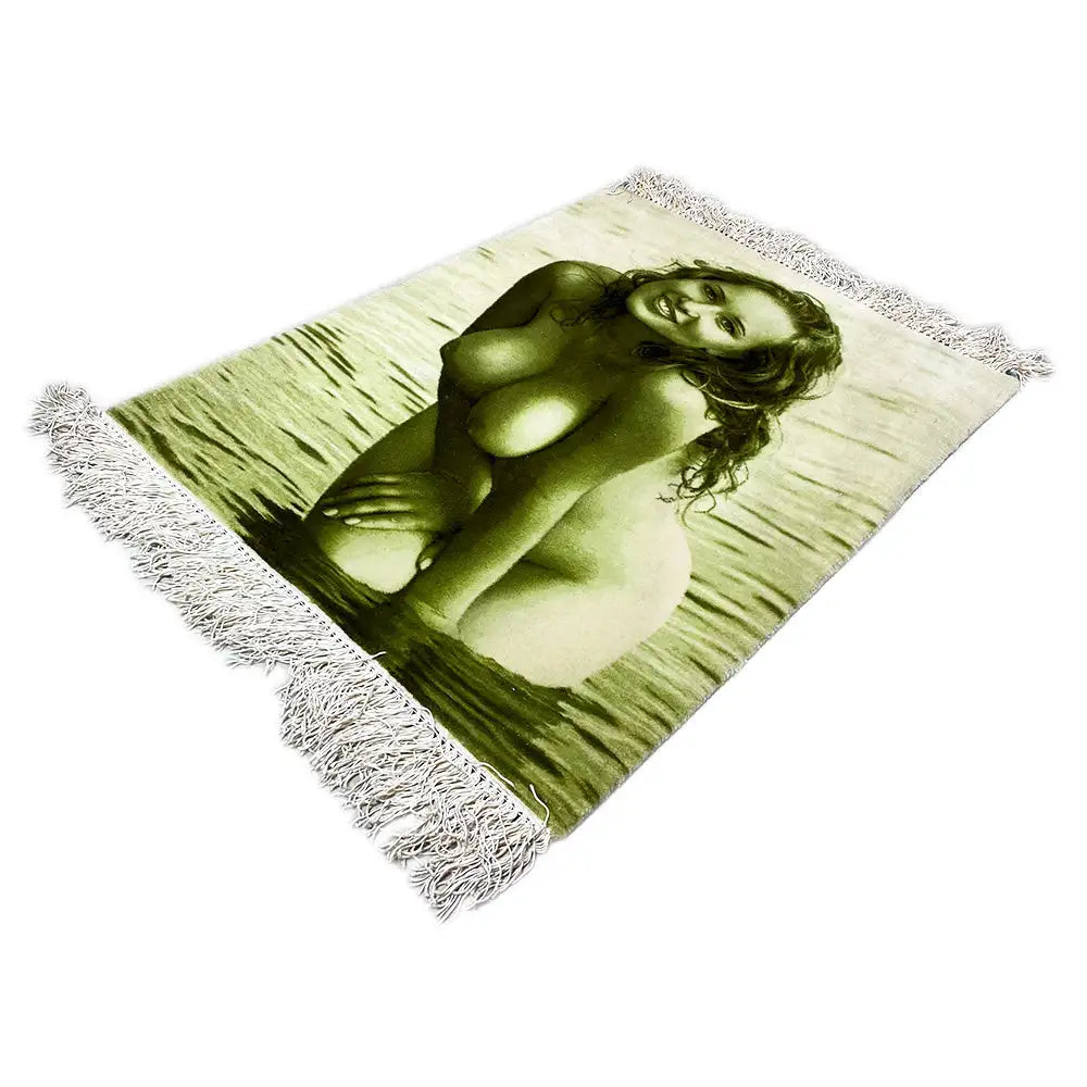 Wall tapestry with a photo of a woman on the beach, tilted, light green, fringes along the edges