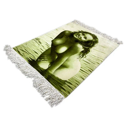 Wall tapestry with a photo of a woman on the beach, tilted, light green, fringes along the edges