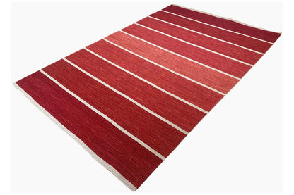 Kilim rug, red with white horizontal stripes, laid flat