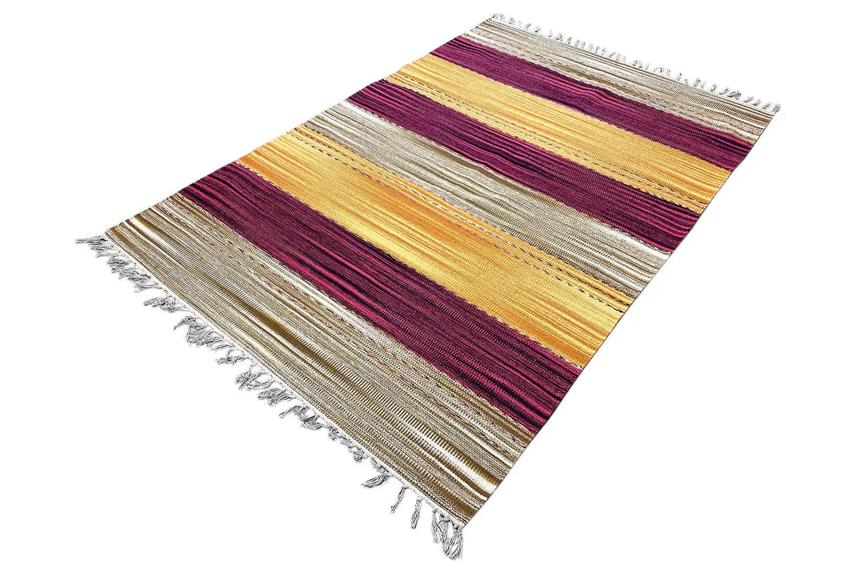 Kilim with broad bands of color in yellow, cream, and burgundy, Samak, side fringes