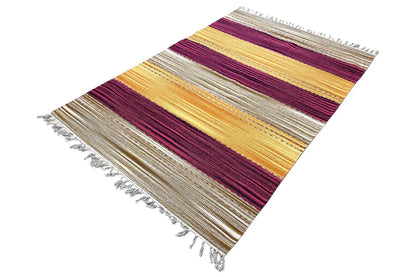 Kilim with broad bands of color in yellow, cream, and burgundy, Samak, side fringes