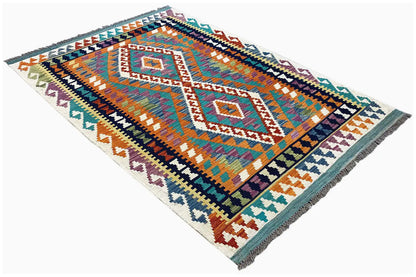 Afghan kilim with a symmetrical border pattern, colorful and fringed