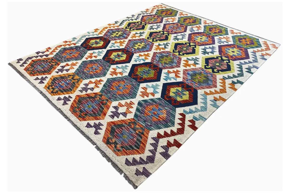 Afghan kilim rug, diagonal orange-blue patterns with a zigzag border