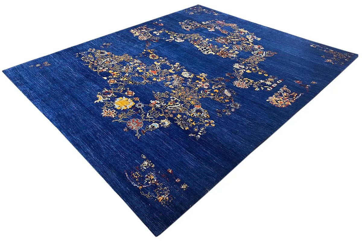 Blue Gabbeh rug, square, dense floral pattern in yellow, orange and beige