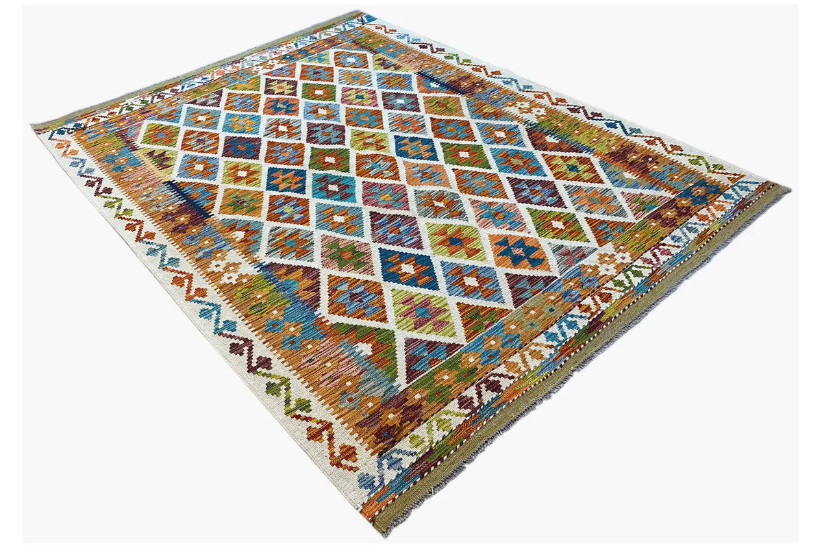 Afghan kilim 199×151 cm with a central diamond motif and multicolored border