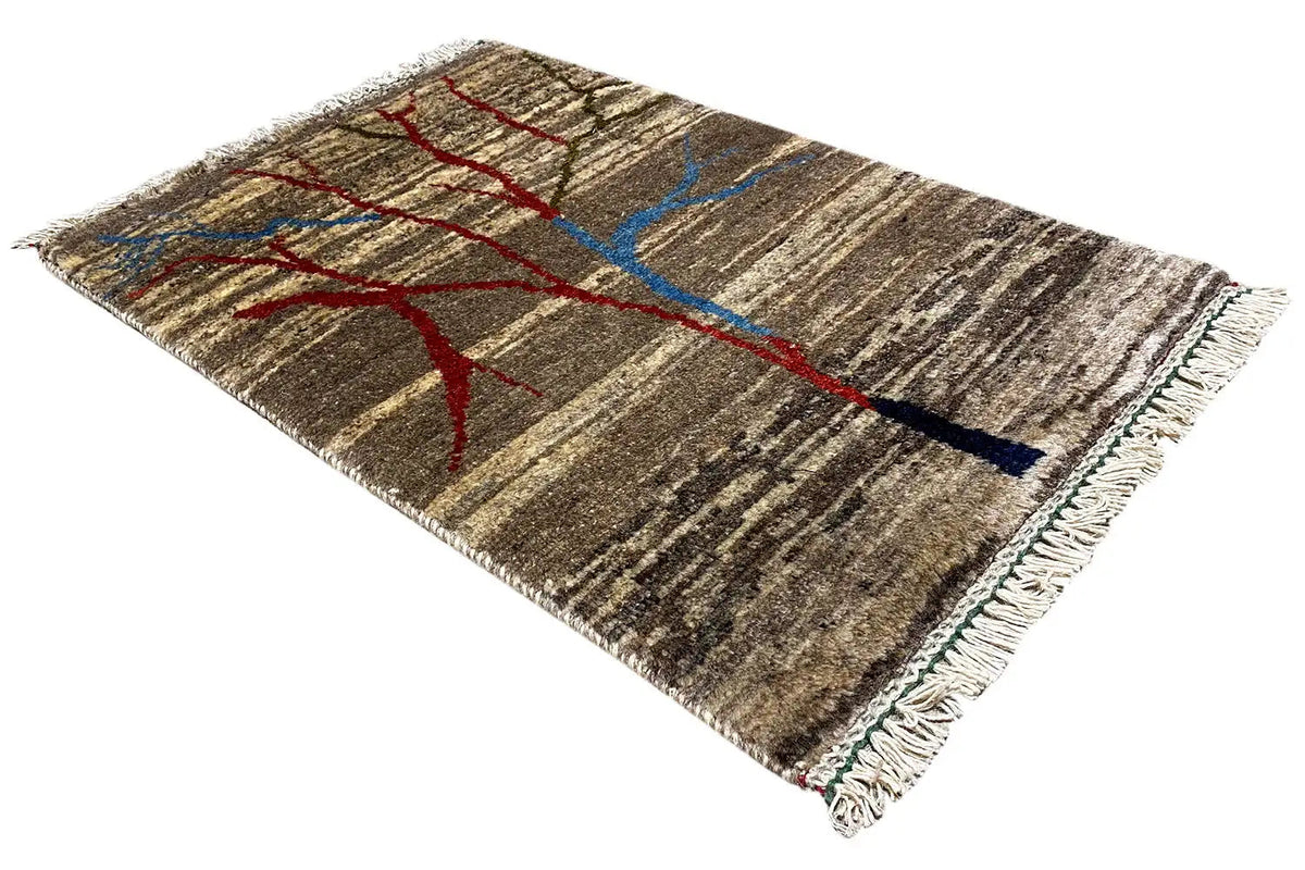Rug, diagonal, with a red-red and blue tree ornament, brown-beige stripes, and fringes
