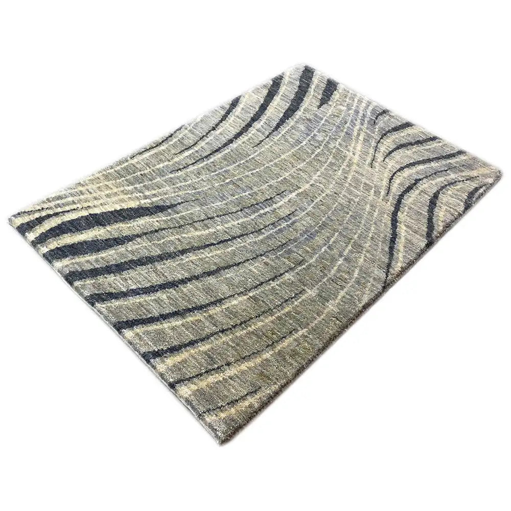 Gabbeh rug with beige pile and dark blue semicircular waves, 89x56 cm