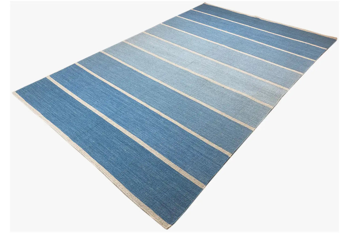 Kilim rug diagonal: blue pattern with fine beige horizontal stripes