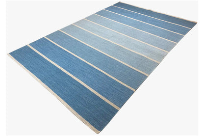 Kilim rug diagonal: blue pattern with fine beige horizontal stripes