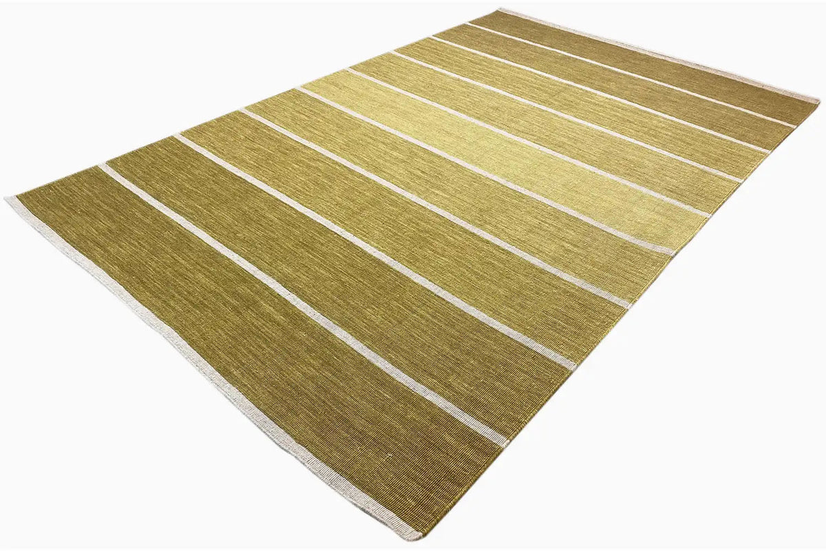 Kelim rug in ochre green with white horizontal stripes, slightly skewed