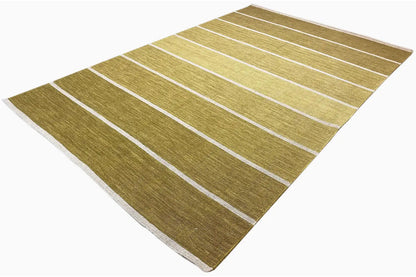 Kelim rug in ochre green with white horizontal stripes, slightly skewed