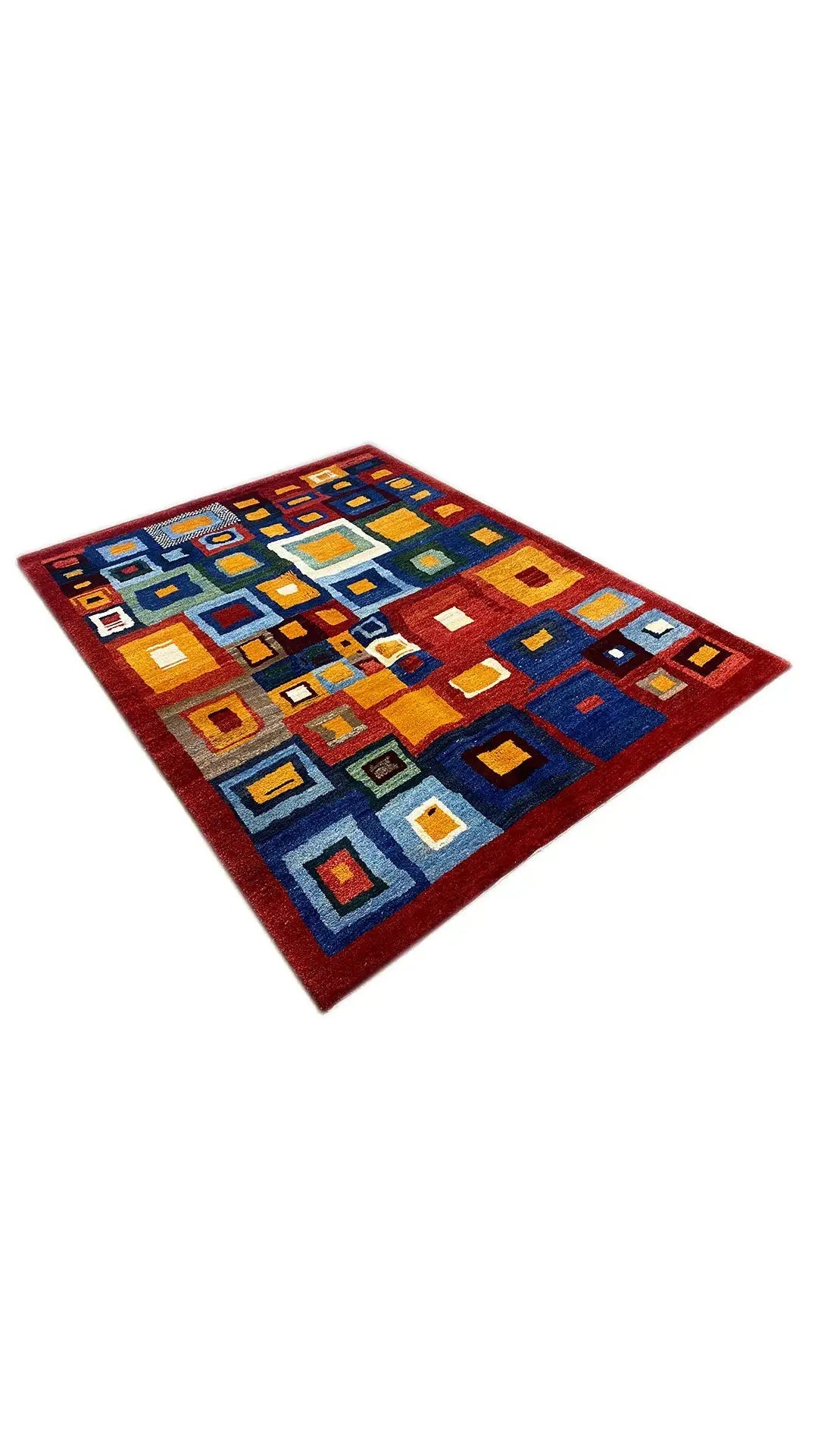Gabbeh rug (200x151 cm): Perspective view with a colorful grid of squares.
