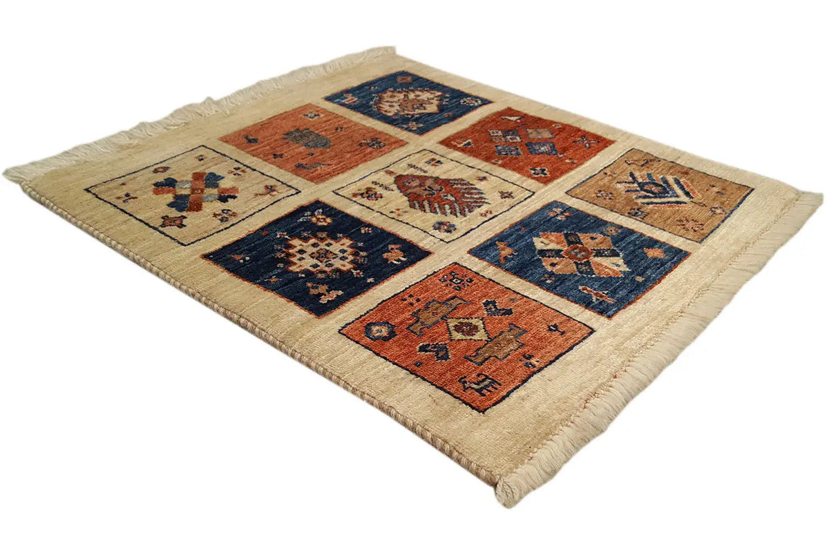 Qashqai exclusive rug, patchwork pattern with ornamental squares in blue and rust red