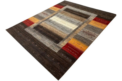 Rug with a diamond pattern, a beige central field, gray stripes, and yellow-red border bands