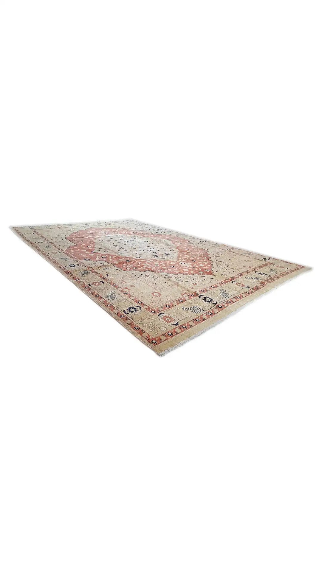 Sultan Abad Exclusive rug, angled view: beige pile with a red pattern and blue details
