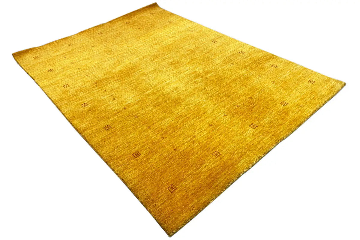 Gabbeh rug 185x138 cm: yellow rug, laid diagonally, subtle square patterns