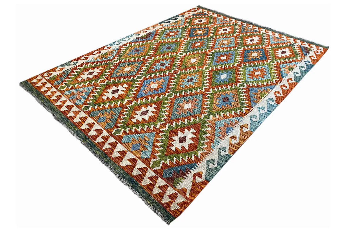 Diagonal kilim rug, multicolored diamonds and zigzag border